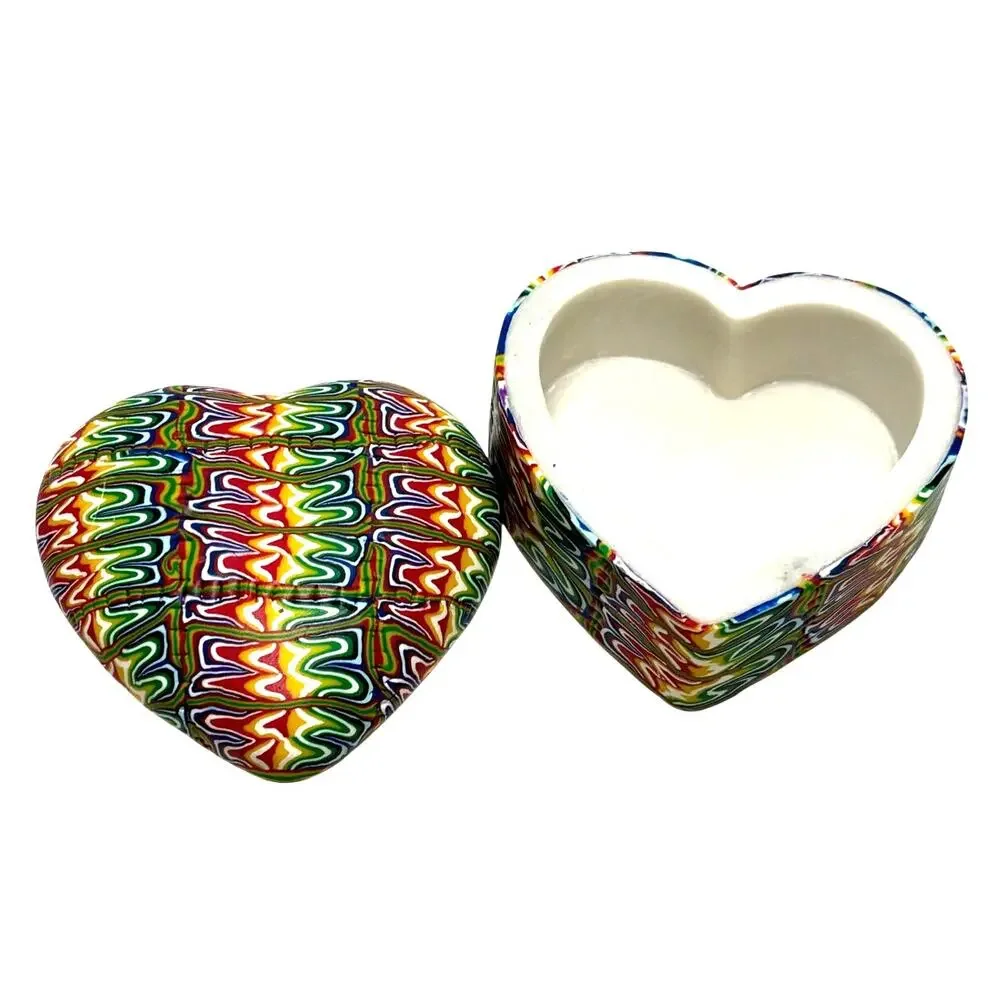 Vntg 90s Rainbow Heart Trinket Box –Polymer Clay Style Lidded Dish, Trippy Retro